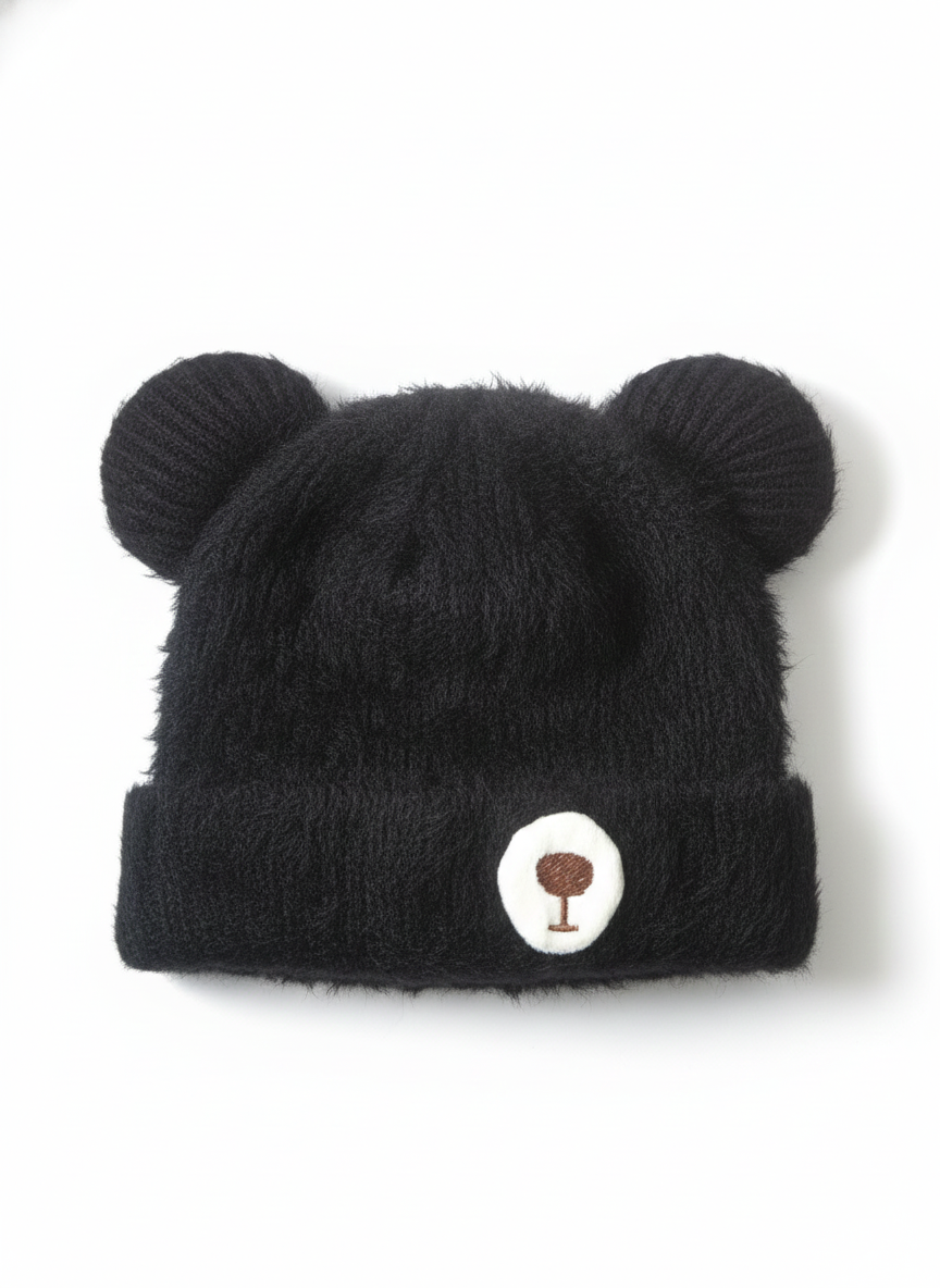 Black & Beige Bear Ear Fleece Cap