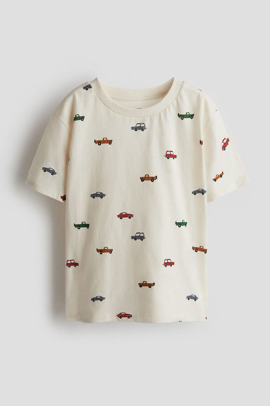 Little Wheels All-Over Print Cream Boys T-Shirt