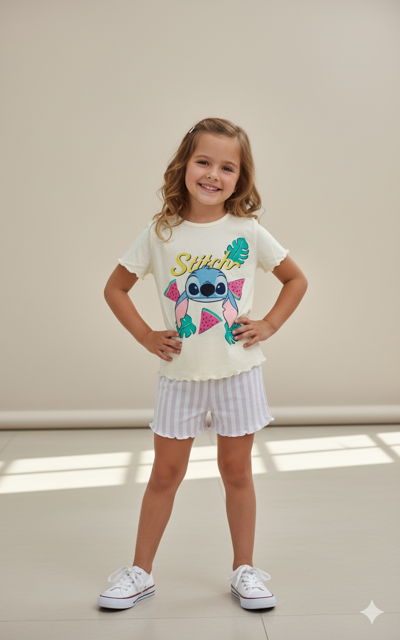 Girls Cute Cartoon Print Cotton T-Shirt & Shorts Set ( 2 pairs )