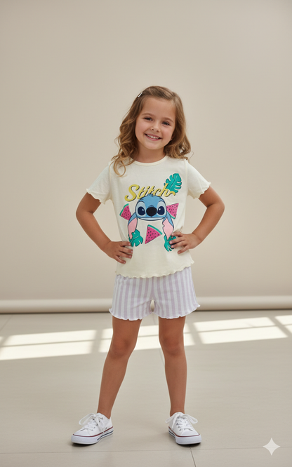 Girls Cute Cartoon Print Cotton T-Shirt & Shorts Set ( 2 pairs )
