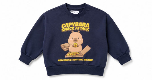 Kids Navy Blue Capybara Pizza Graphic Sweatshirt | Full Sleeve Winter Wear