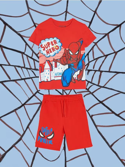 Boys Superhero Graphic T-Shirt & Shorts Set – Red