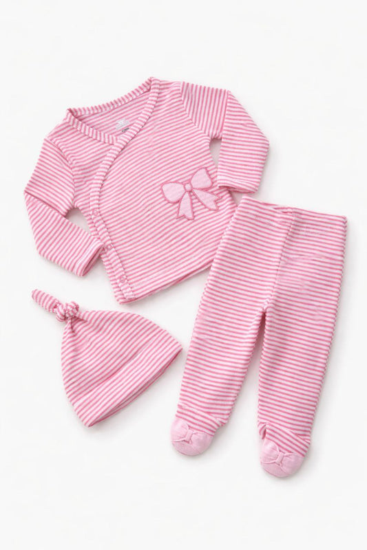 Baby Girl Pink Stripe 3-Piece Wrap Set with Bow (Top, Leggings & Cap)