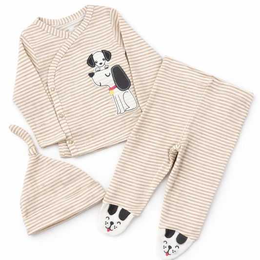 Baby Unisex Beige Stripe 3-Piece Wrap Set with Puppy Print