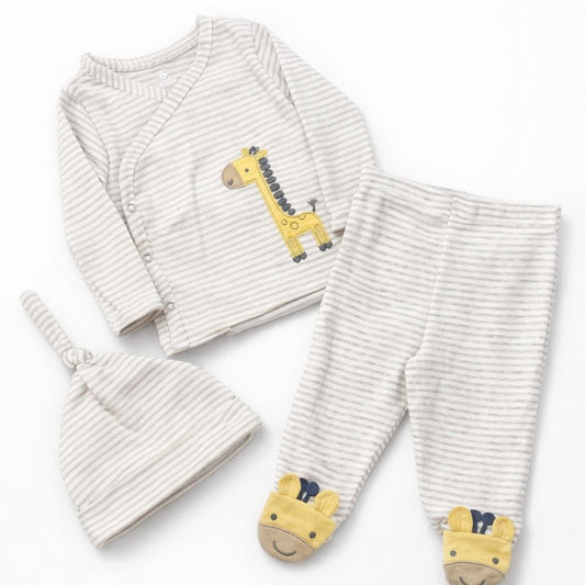 Baby Unisex Grey Stripe 3-Piece Wrap Set with Giraffe Print