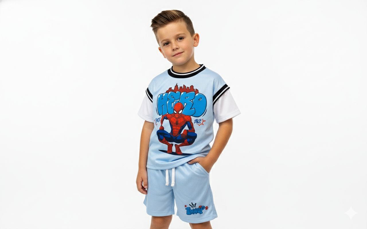 Boys Hero Graphic T-Shirt & Shorts Set – Sky Blue