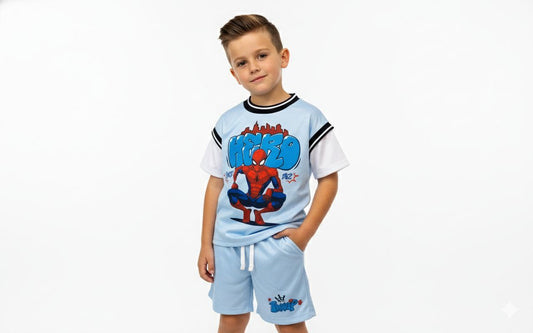 Boys Hero Graphic T-Shirt & Shorts Set – Sky Blue