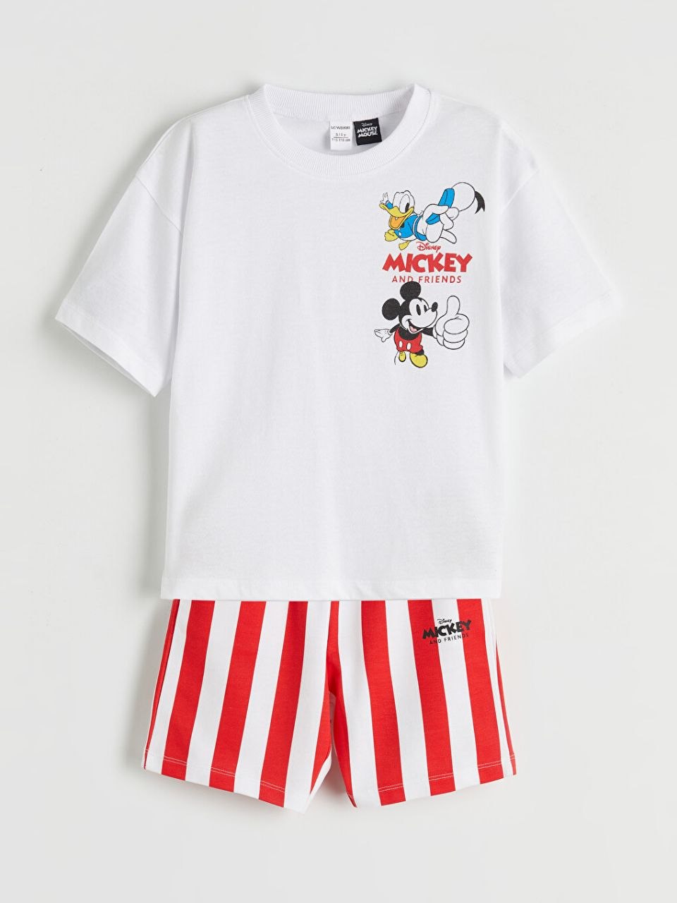 Disney Mickey & Friends Kids Co-ord Set – White Tee & Red Stripe Shorts