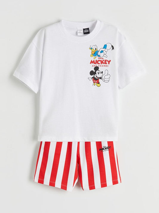 Disney Mickey & Friends Kids Co-ord Set – White Tee & Red Stripe Shorts