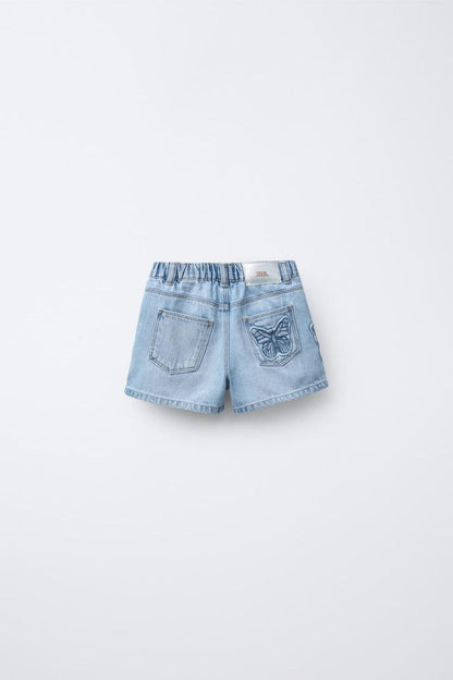 Butterfly Embroidered Denim Skort for Girls – Light Wash Blue