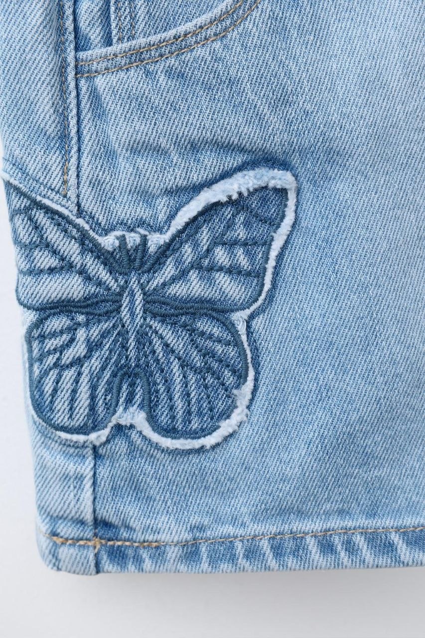 Butterfly Embroidered Denim Skort for Girls – Light Wash Blue