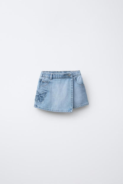 Butterfly Embroidered Denim Skort for Girls – Light Wash Blue