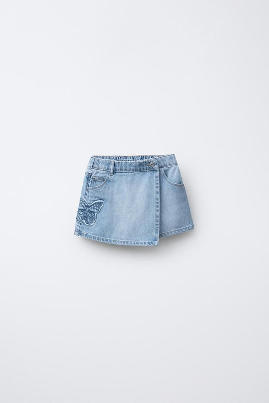 Butterfly Embroidered Denim Skort for Girls – Light Wash Blue