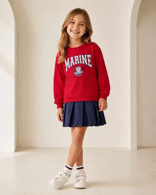 Girls Red MARINE Graphic Sweatshirt with Navy Pleated Skirt | Kids Winter Dress