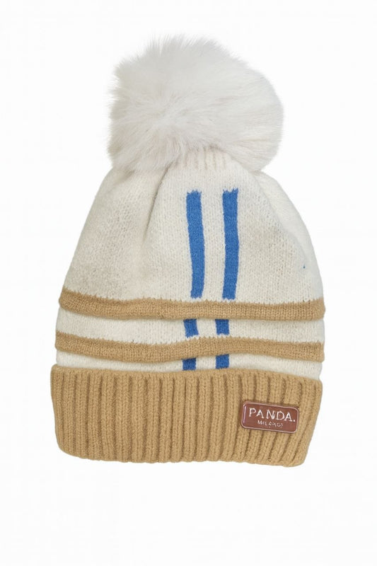 Kids Cream & Beige Knitted Winter Beanie with Pom-Pom