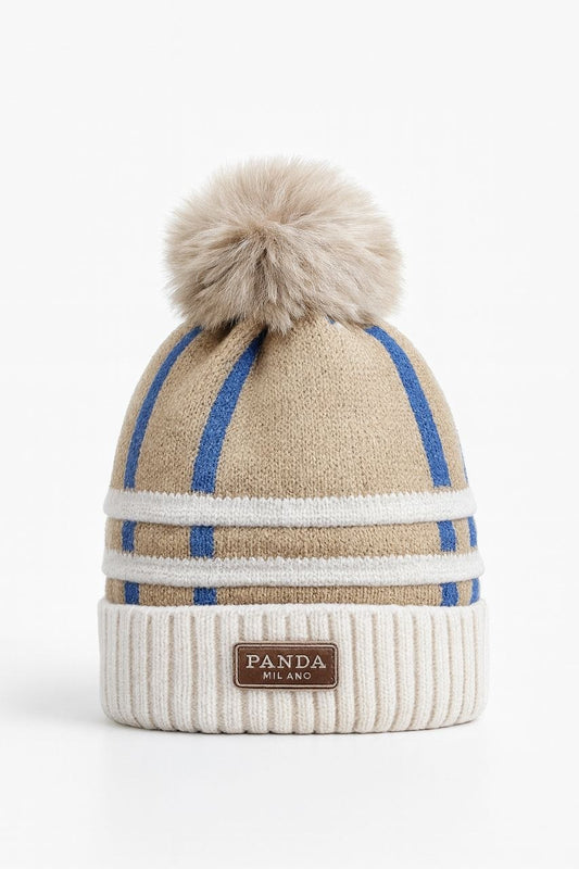 Kids Beige & Blue Striped Knitted Pom-Pom Winter Beanie