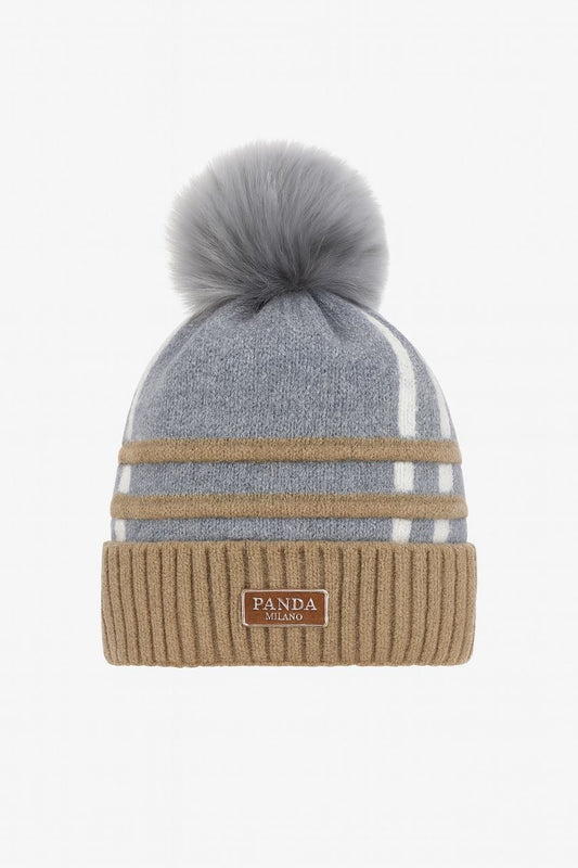 Kids Grey & Beige Knitted Pom-Pom Winter Beanie