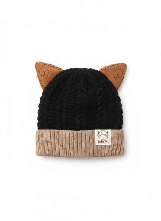 Kids Black & Beige Knitted Cat-Ear Winter Beanie