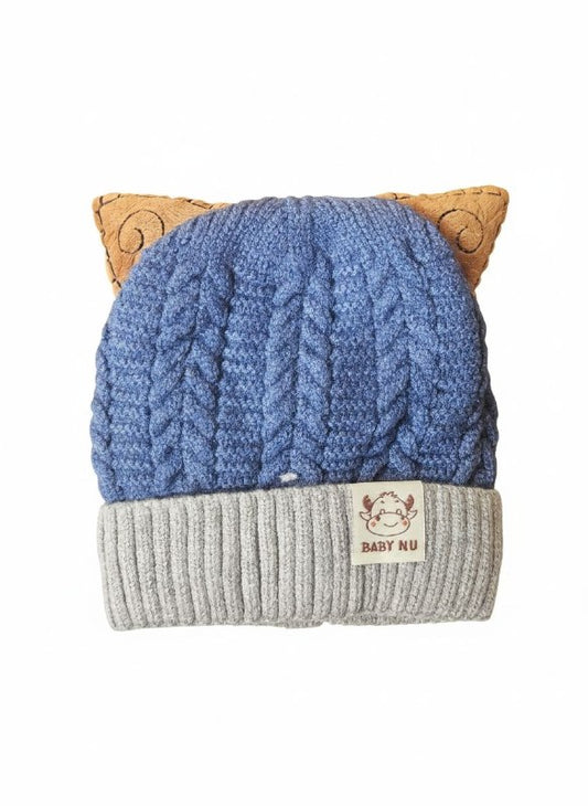 Kids Blue & Beige Knitted Cat-Ear Winter Beanie