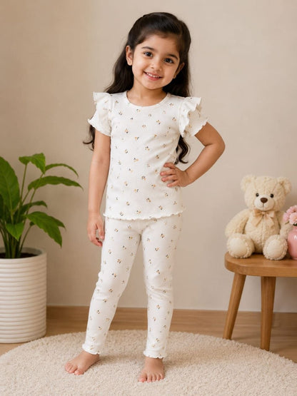 Girls Ditsy Floral Ribbed Co-Ord Set – White Blossom