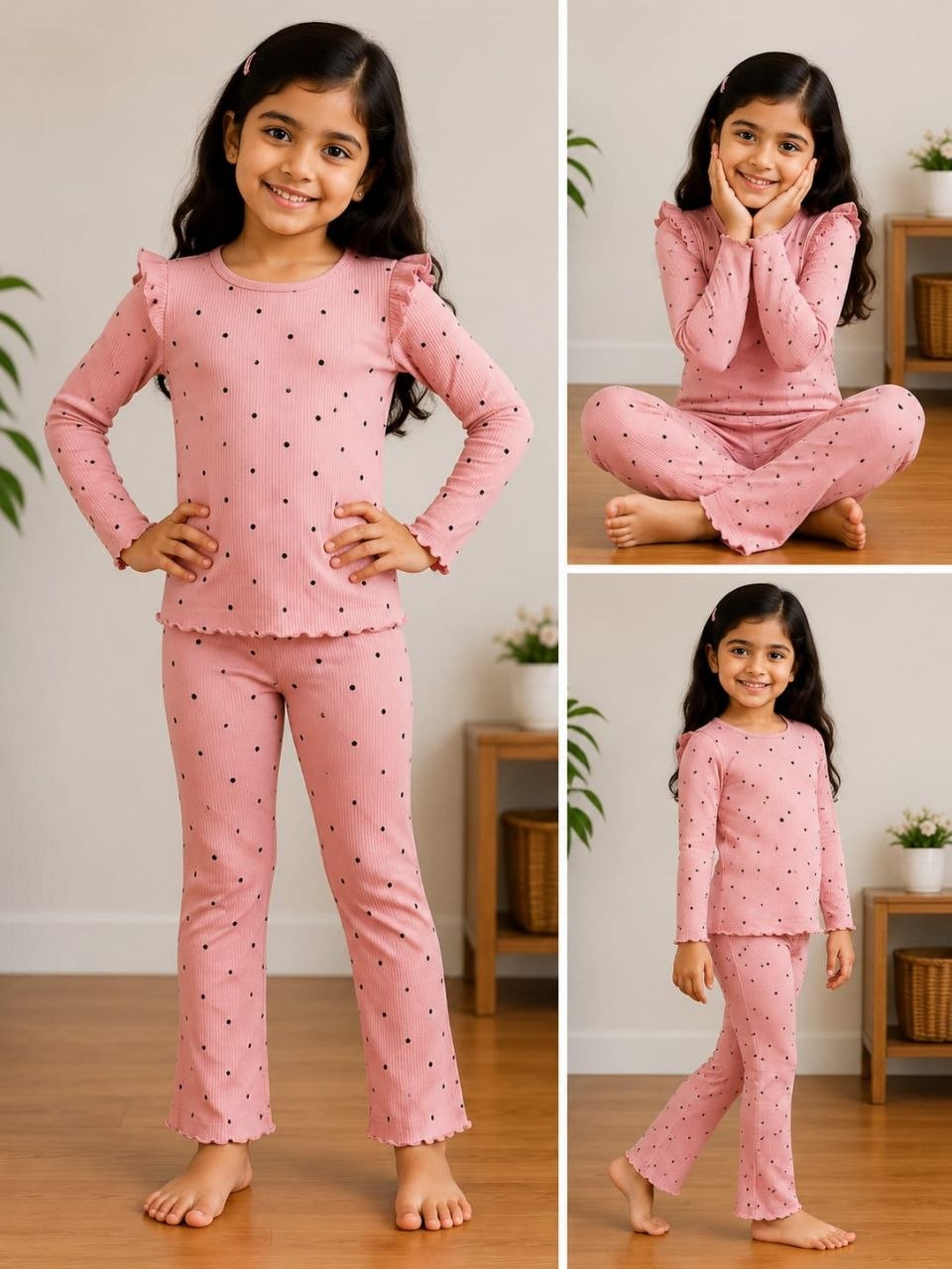 Pink Polka Dot Ribbed Bell-Bottom Co-Ord Set for Girls