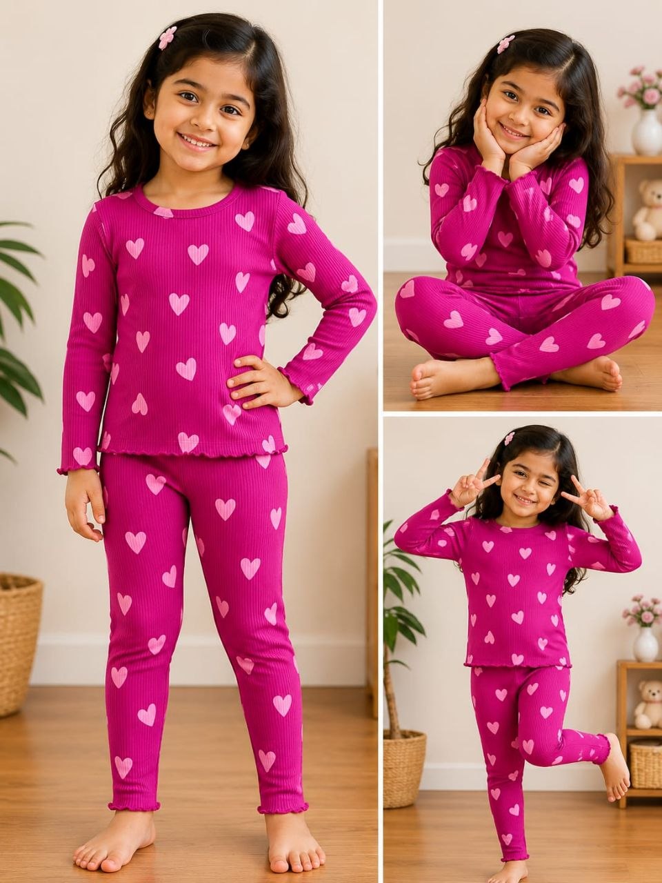 Girls Heart Print Ribbed Co-Ord Set – Fuchsia Pink