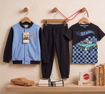 Boys Hot Wheels Printed 3-Piece Tracksuit Set – Jacket, T-Shirt & Joggers