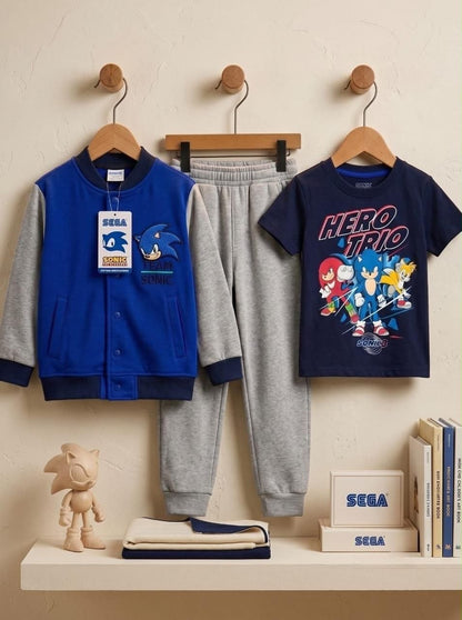 Boys Sonic Printed 3-Piece Tracksuit Set – Jacket, T-Shirt & Joggers