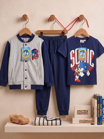 Boys Sonic Printed 3-Piece Tracksuit Set – Jacket, T-Shirt & Joggers