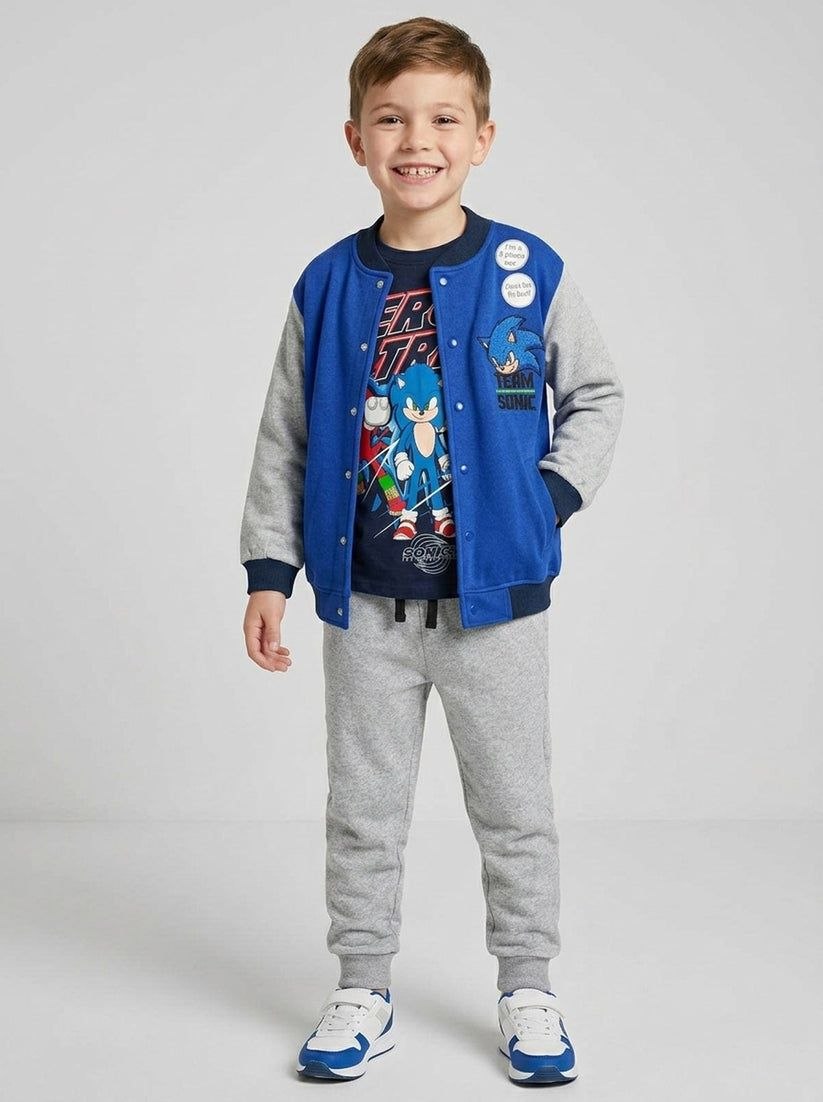 Boys Sonic Printed 3-Piece Tracksuit Set – Jacket, T-Shirt & Joggers