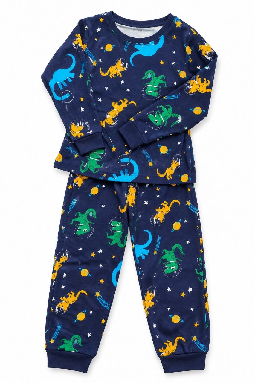 Kids Dinosaur Printed Winter Night Suit Set – Navy Blue