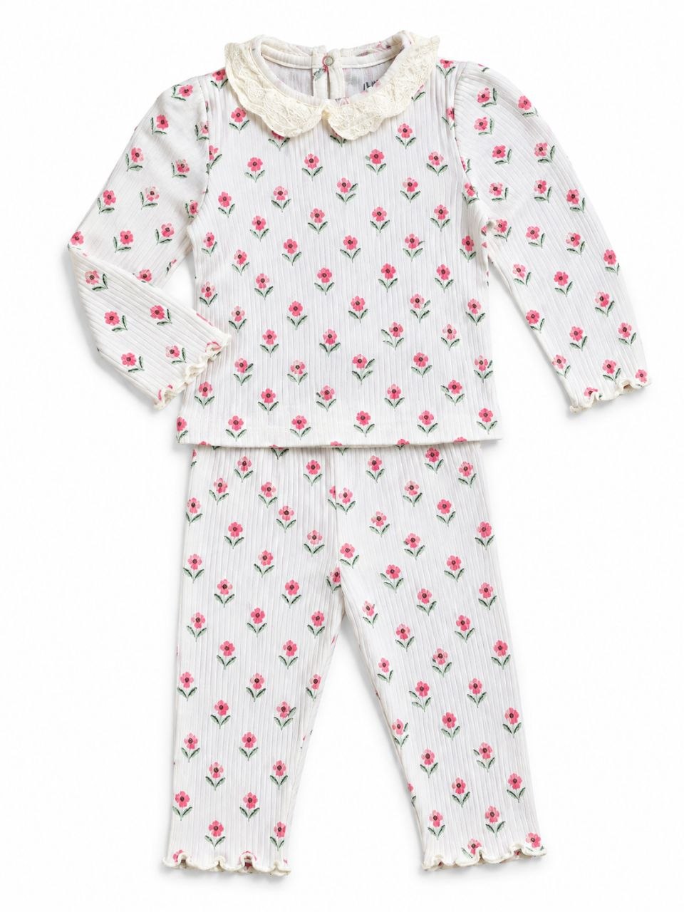Girls’ Pink Floral Print 2-Piece Ribbed Night Suit Set with Lace Collar