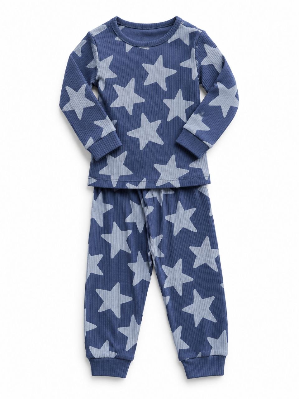Kids’ Blue Star Print 2-Piece Night Suit Set – Full Sleeve Ribbed Pajamas
