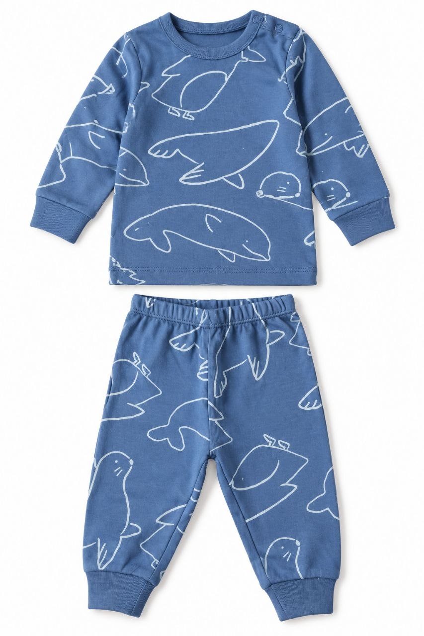 Kids’ Blue Dinosaur Print 2-Piece Night Suit Set – Full Sleeve Pajamas