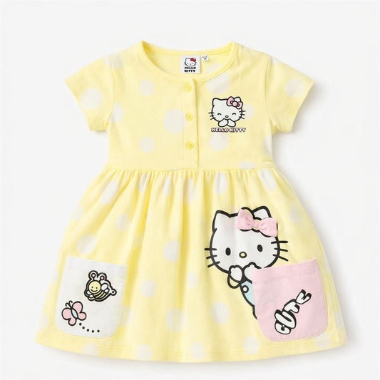 Hello Kitty Yellow Polka Dot Dress for Girls | Cute Cotton Baby Dress with Pockets