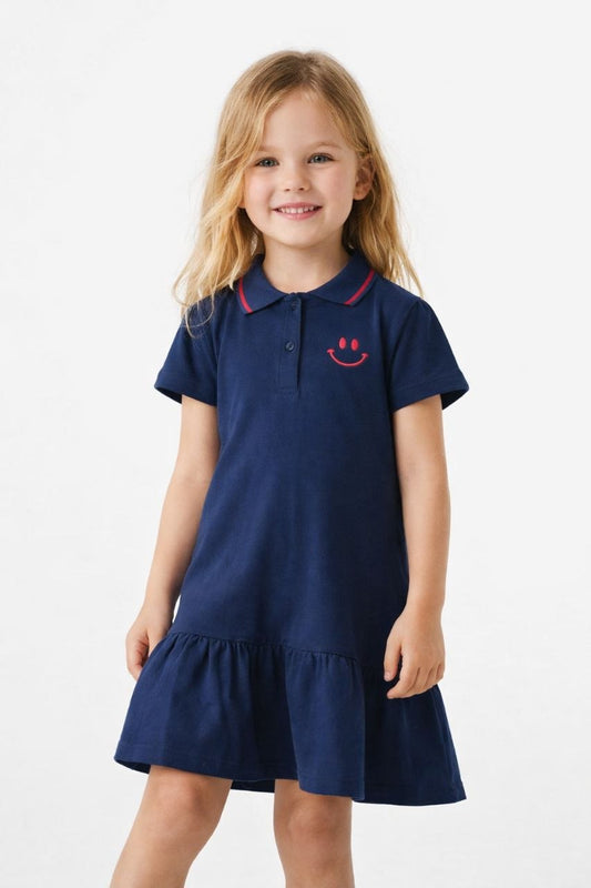 Girls Navy Blue Polo Collar Dress with Smiley Detail