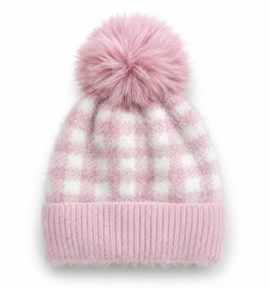 Girls Pink & White Checkered Faux Fur Pom-Pom Winter Beanie