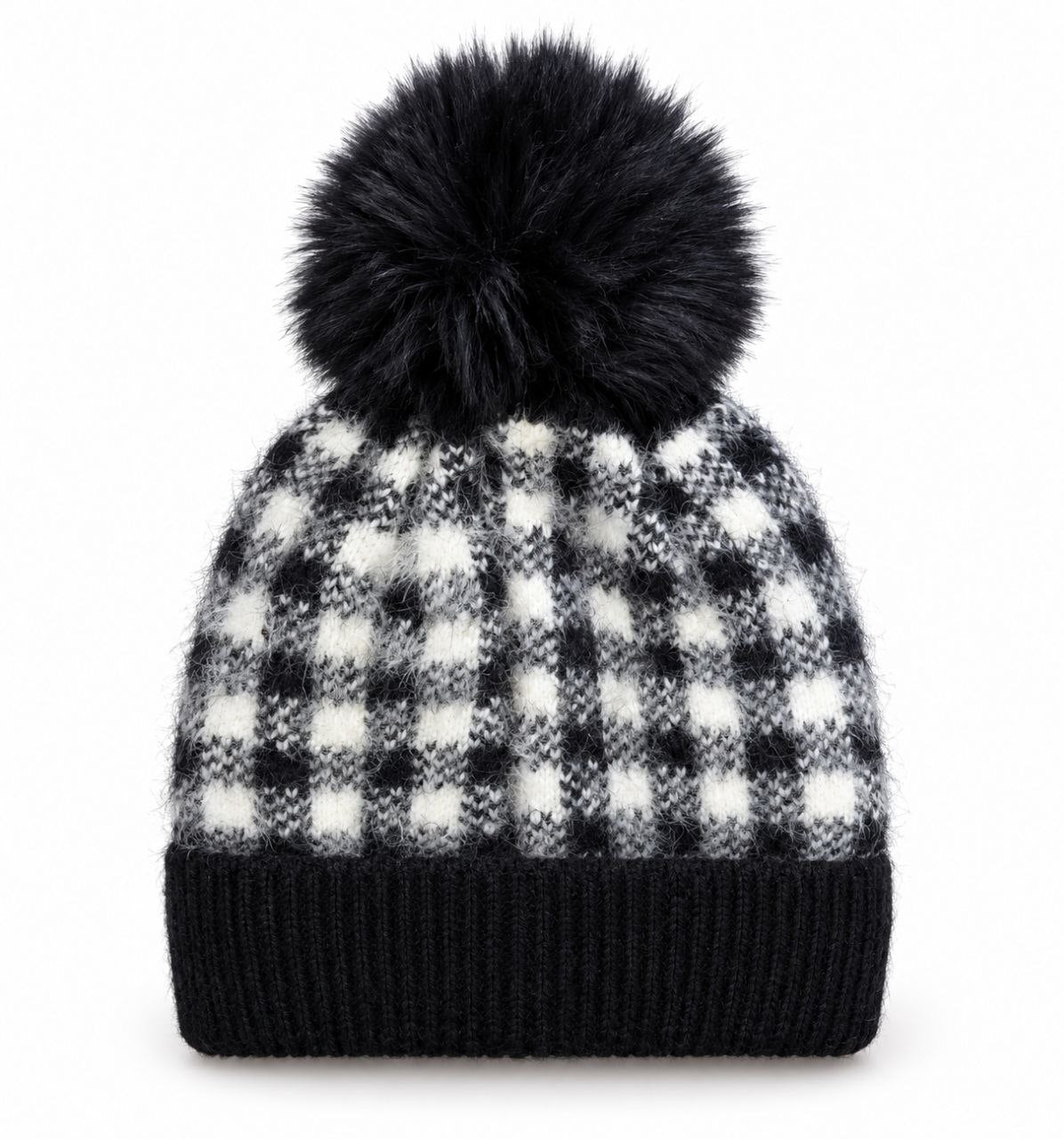 Kids Black & White Checkered Faux Fur Pom-Pom Winter Beanie