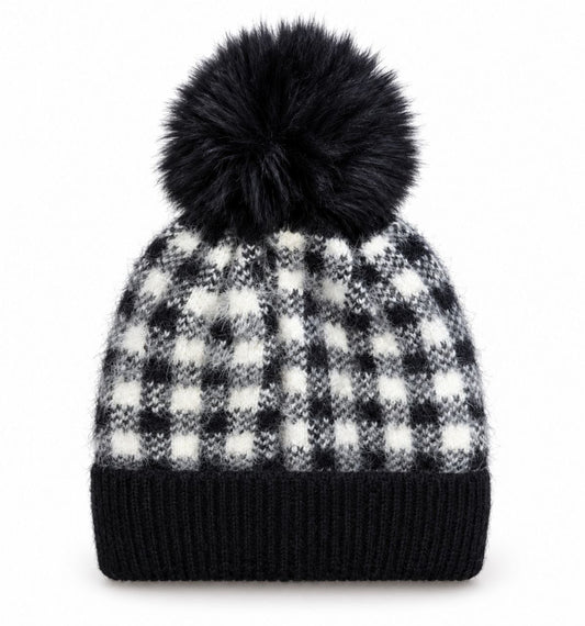 Kids Black & White Checkered Faux Fur Pom-Pom Winter Beanie