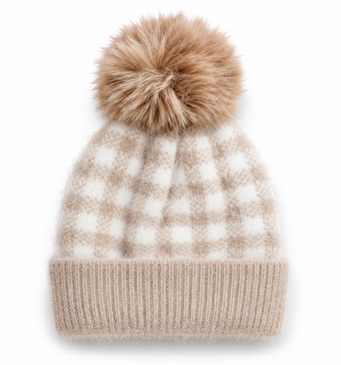 Kids Beige & White Checkered Faux Fur Pom-Pom Winter Beanie