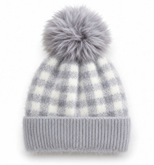 Girls Grey & White Checkered Faux Fur Pom-Pom Winter Beanie