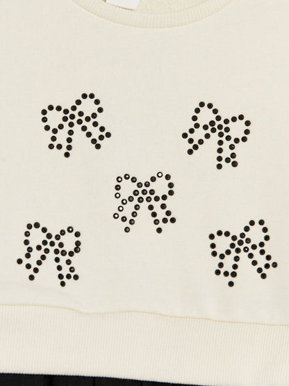 Girls Cream Bow Detail Sweatshirt & Black Skirt Set