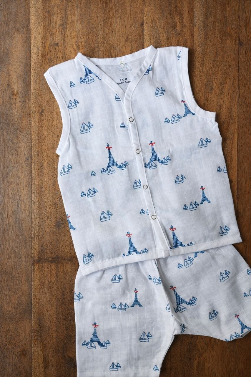 Baby Boys Sailboat Print Cotton Co-Ord Set (Sleeveless Shirt & Shorts)