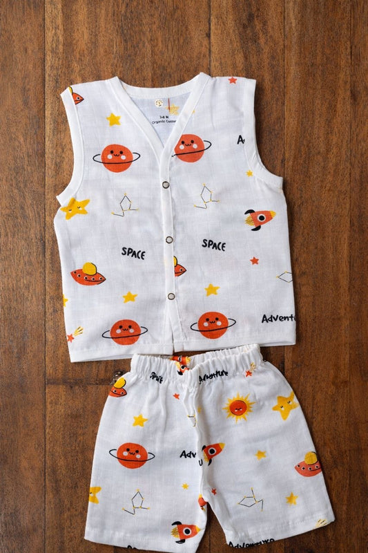 Baby Boys Space Print Cotton Co-Ord Set (Sleeveless Shirt & Shorts)