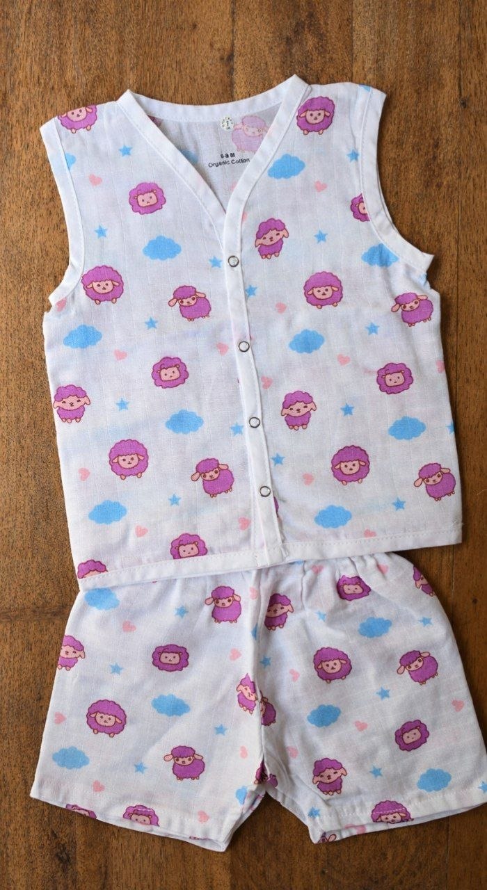 Baby Girls Sheep Print Cotton Co-Ord Set (Sleeveless Top & Shorts)