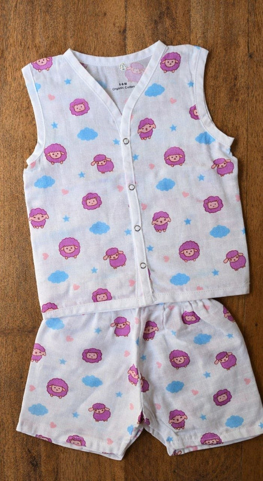 Baby Girls Sheep Print Cotton Co-Ord Set (Sleeveless Top & Shorts)
