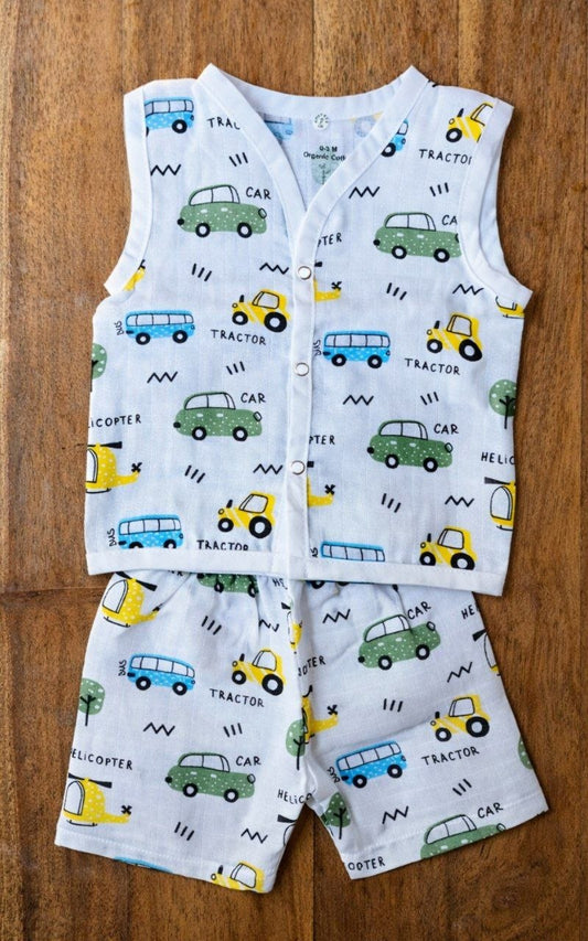Baby Boys Transport Print Cotton Co-Ord Set (Sleeveless Shirt & Shorts)