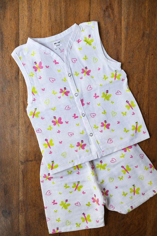 Baby Girls Butterfly Print Cotton Co-Ord Set (Sleeveless Top & Shorts)