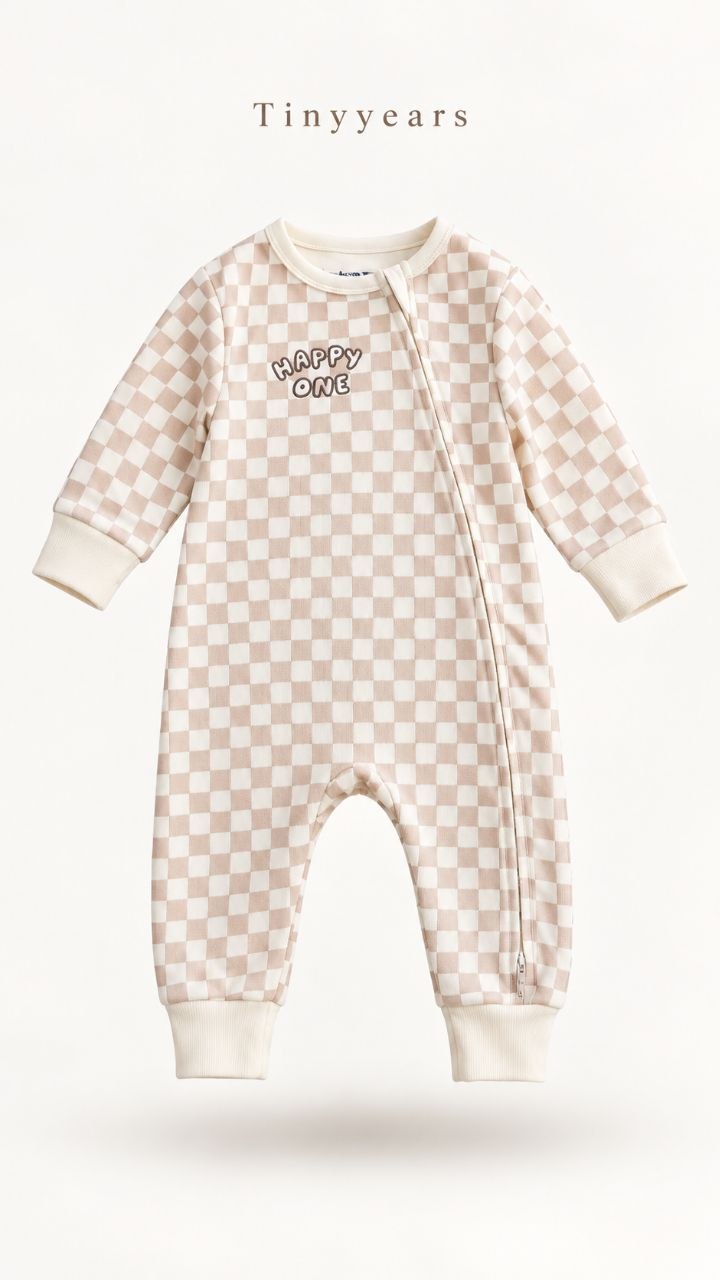 Beige Checkered “Happy One” Baby Sleepsuit – Full Sleeve Zip Jumpsuit