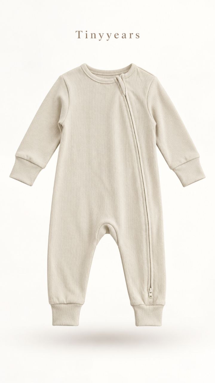 Cream Ribbed Baby Sleepsuit – Full Sleeve Zip Jumpsuit